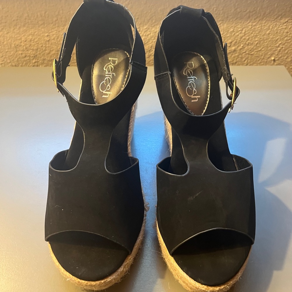 Refresh Black Velveteen Wedge Sandals with Ankle Strap Size 7